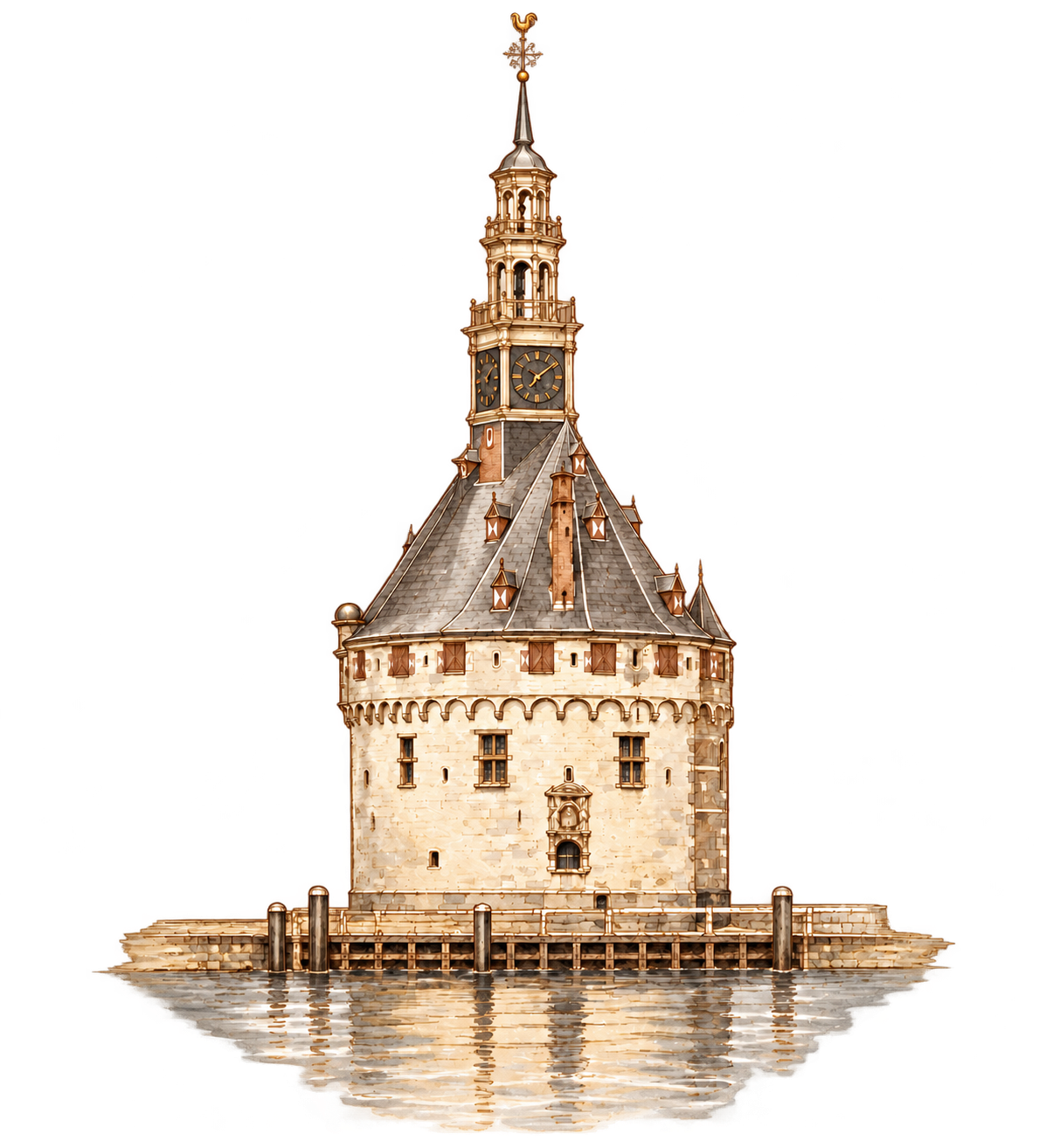 Koperbruine pentekening van de Hoofdtoren aan de haven van Hoorn